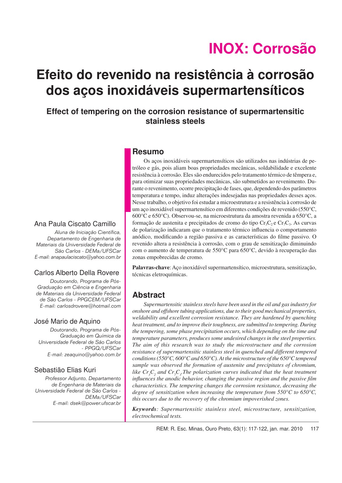 First page of Efeito do revenido na resistência à corrosão dos aços inoxidáveis supermartensíticos