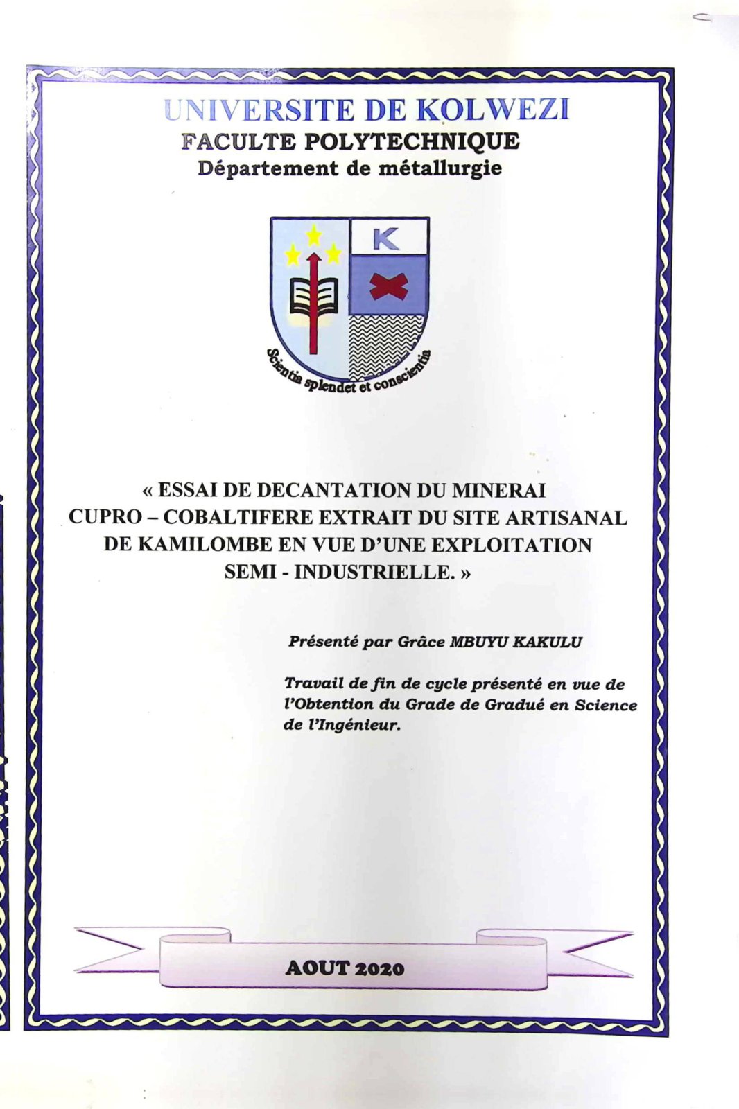 First page of ESSAI DE DECANTATION DU MINERAi CUPRO - COBALTIFERE EXTRAIT DU SITE ARTISANAL DE KAMILOMBE EN VUE D'UNE EXPLOITATION SEMI - INDUSTRIELLE