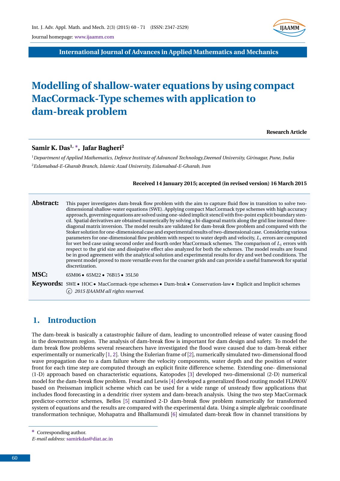 First page of Modelling of shallow water equations by