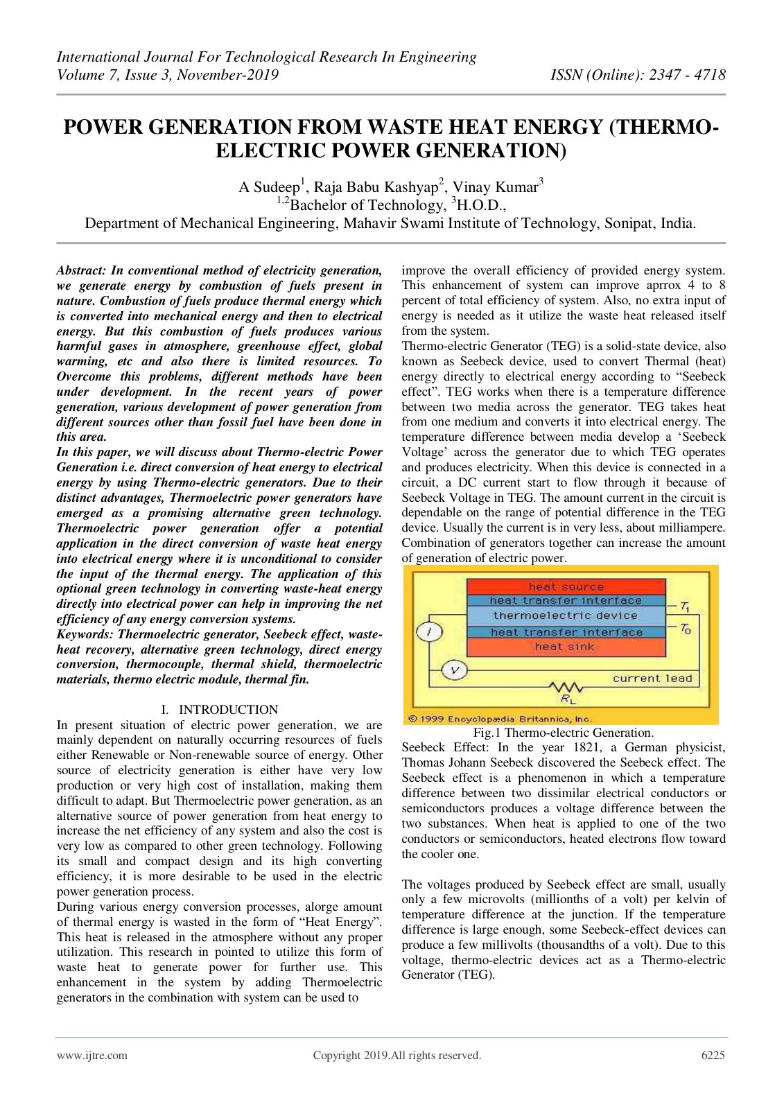 First page of Power Generation from Waste Heat Energy