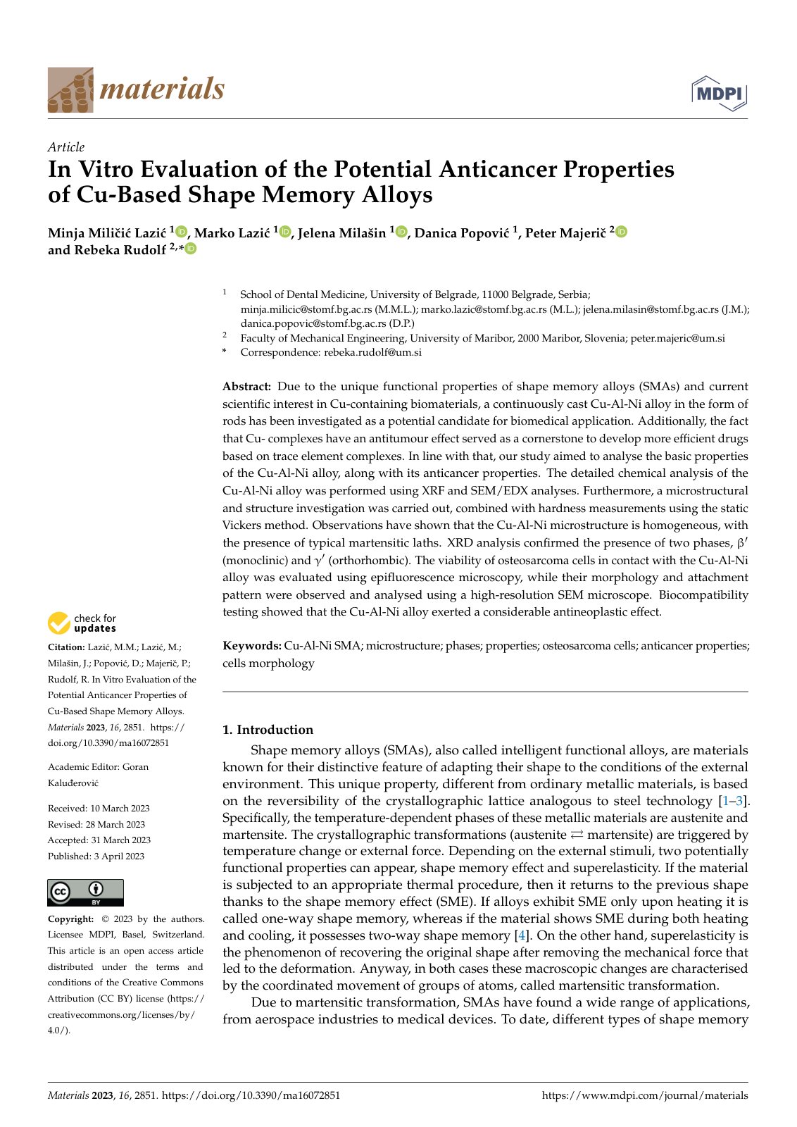 First page of In Vitro Evaluation of the Potential Anticancer Properties of Cu-Based Shape Memory Alloys