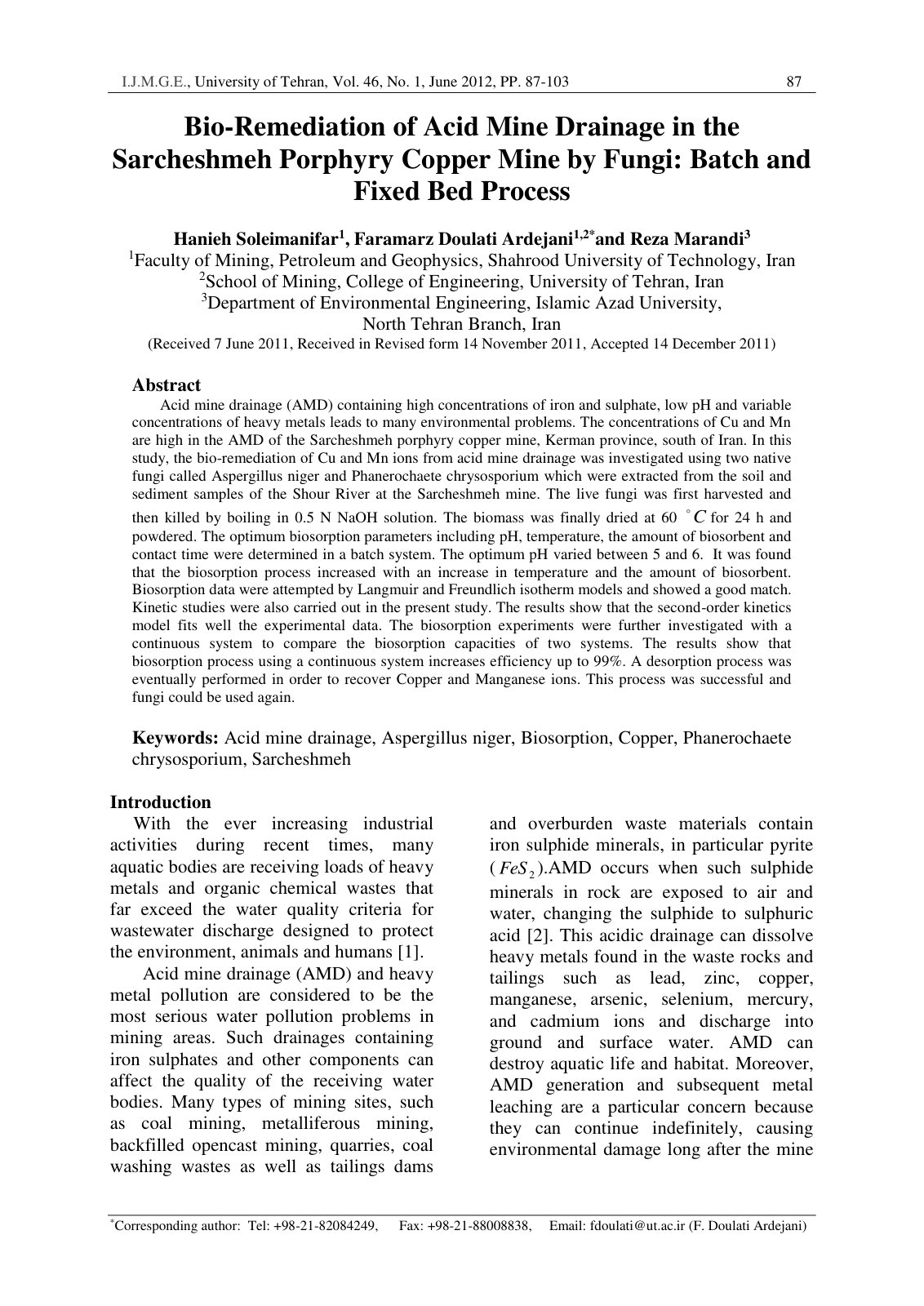 First page of Bio-Remediation of Acid Mine Drainage in the Sarcheshmeh Porphyry Copper Mine by Fungi: Batch and Fixed Bed Process
