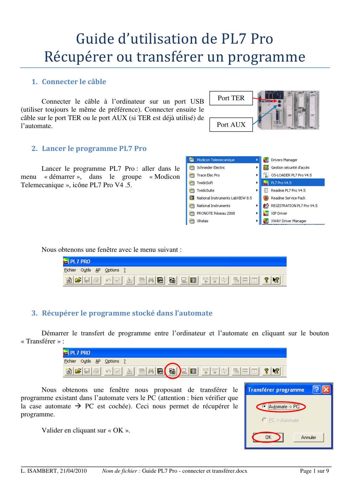 First page of guide pl7 pro connecter et transferer