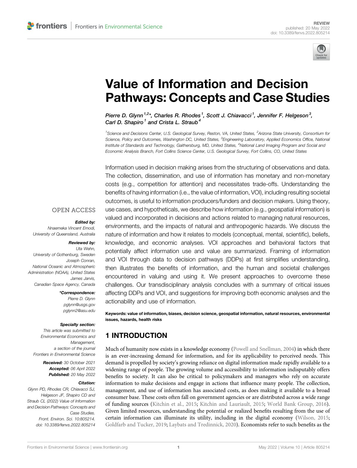 First page of Value of Information and Decision Pathways: Concepts and Case Studies