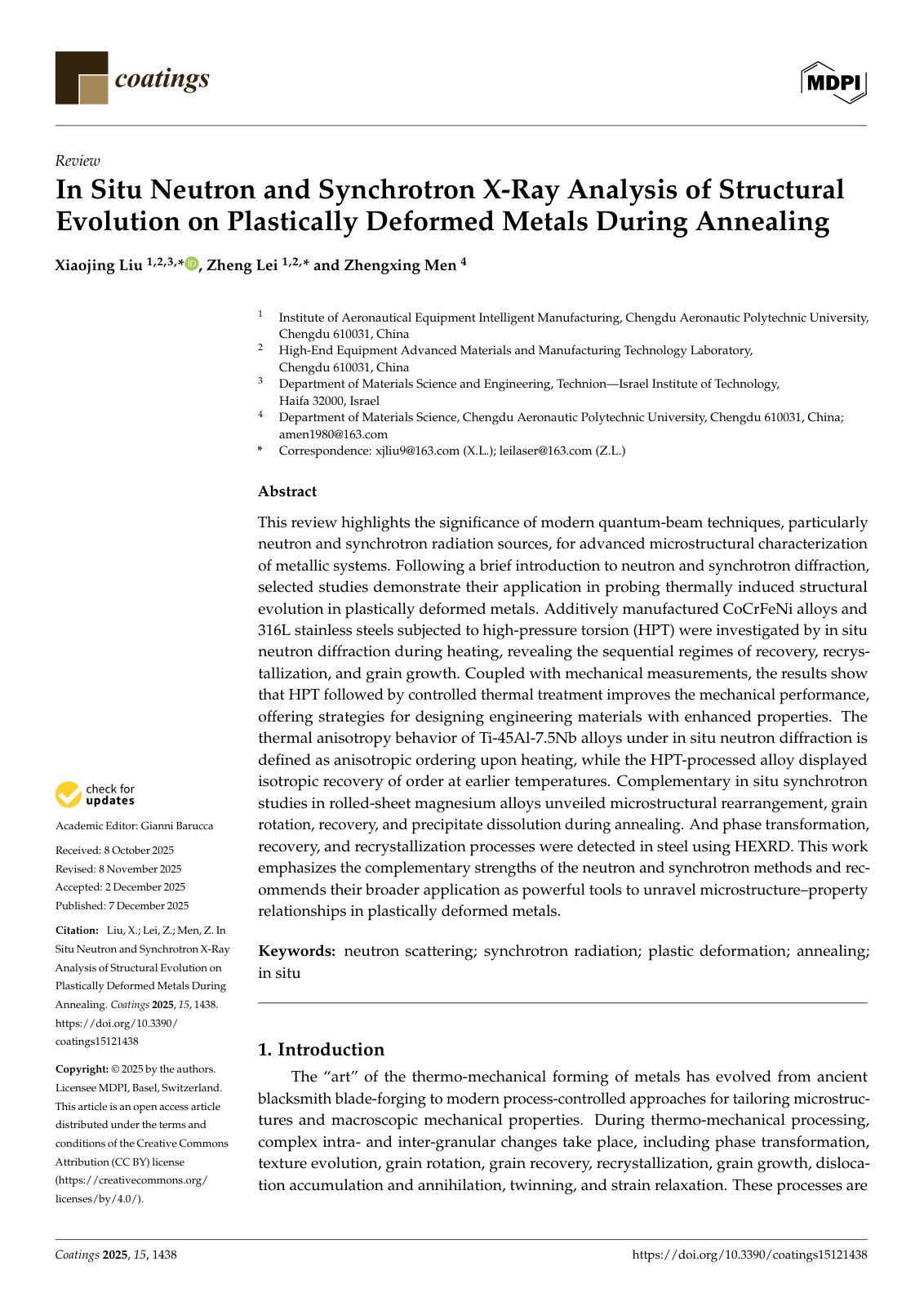 First page of In Situ Neutron and Synchrotron X-Ray Analysis of Structural Evolution on Plastically Deformed Metals During Annealing