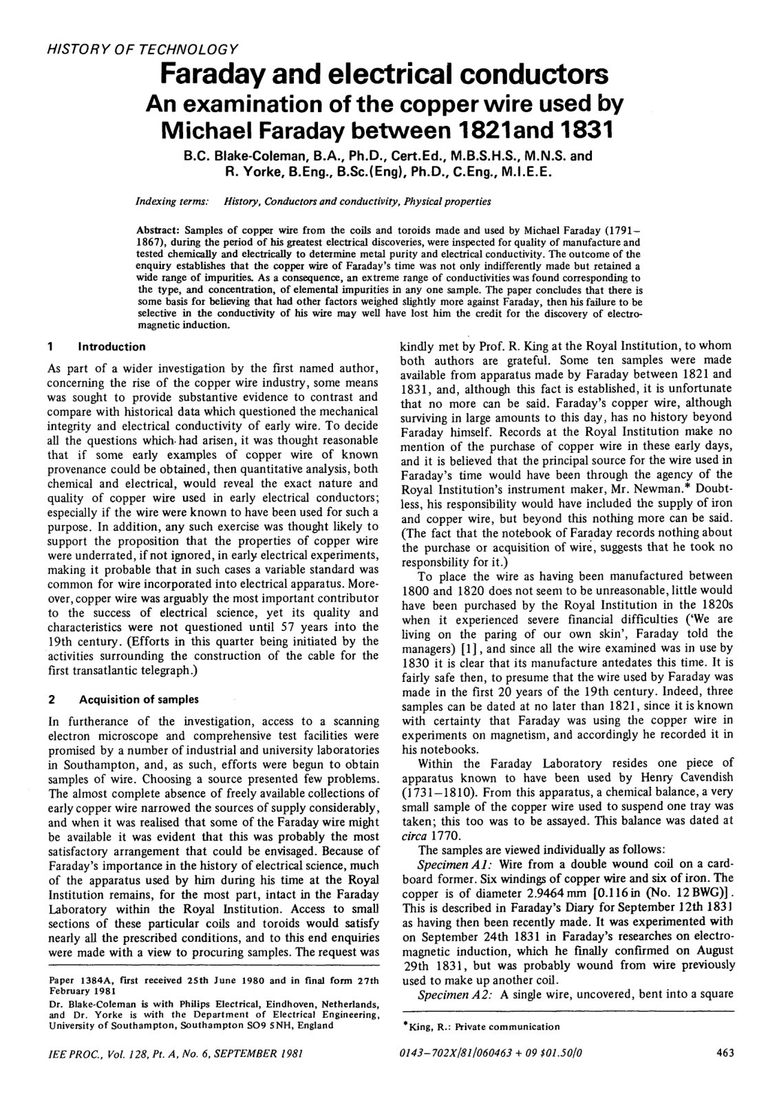 First page of HISTORY OF TECHNOLOGY Faraday and electrical conductors An examination of the copper wire used by Michae l Faraday betwee n 182 1 and 1831