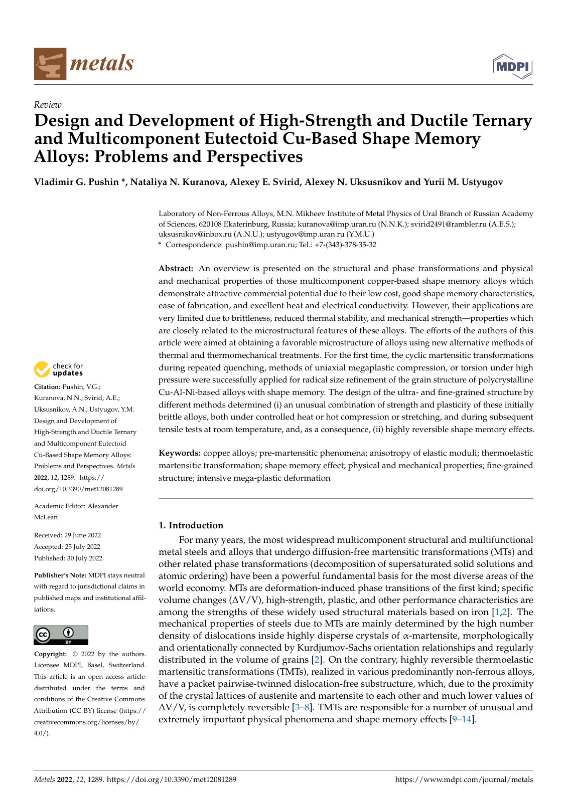 First page of Design and Development of High-Strength and Ductile Ternary and Multicomponent Eutectoid Cu-Based Shape Memory Alloys: Problems and Perspectives