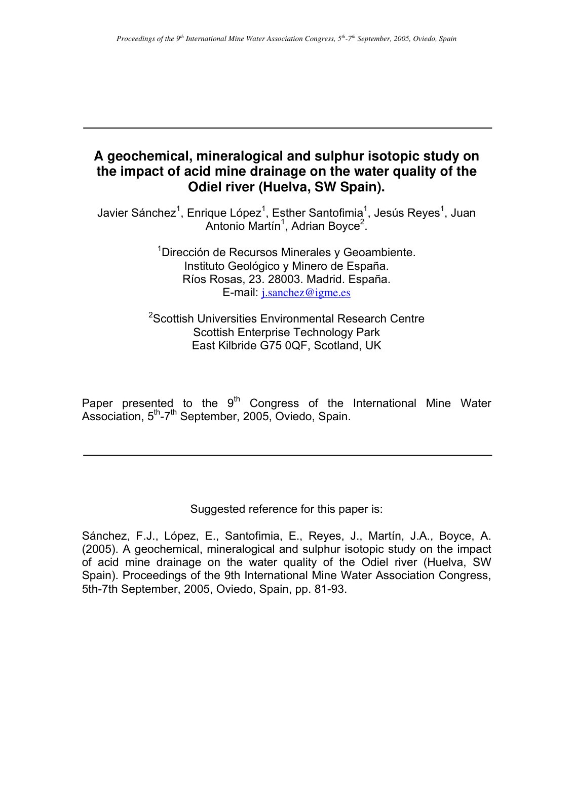 First page of A geochemical, mineralogical and sulphur isotopic study on the impact of acid mine drainage on the water quality of the Odiel river (Huelva, SW Spain).