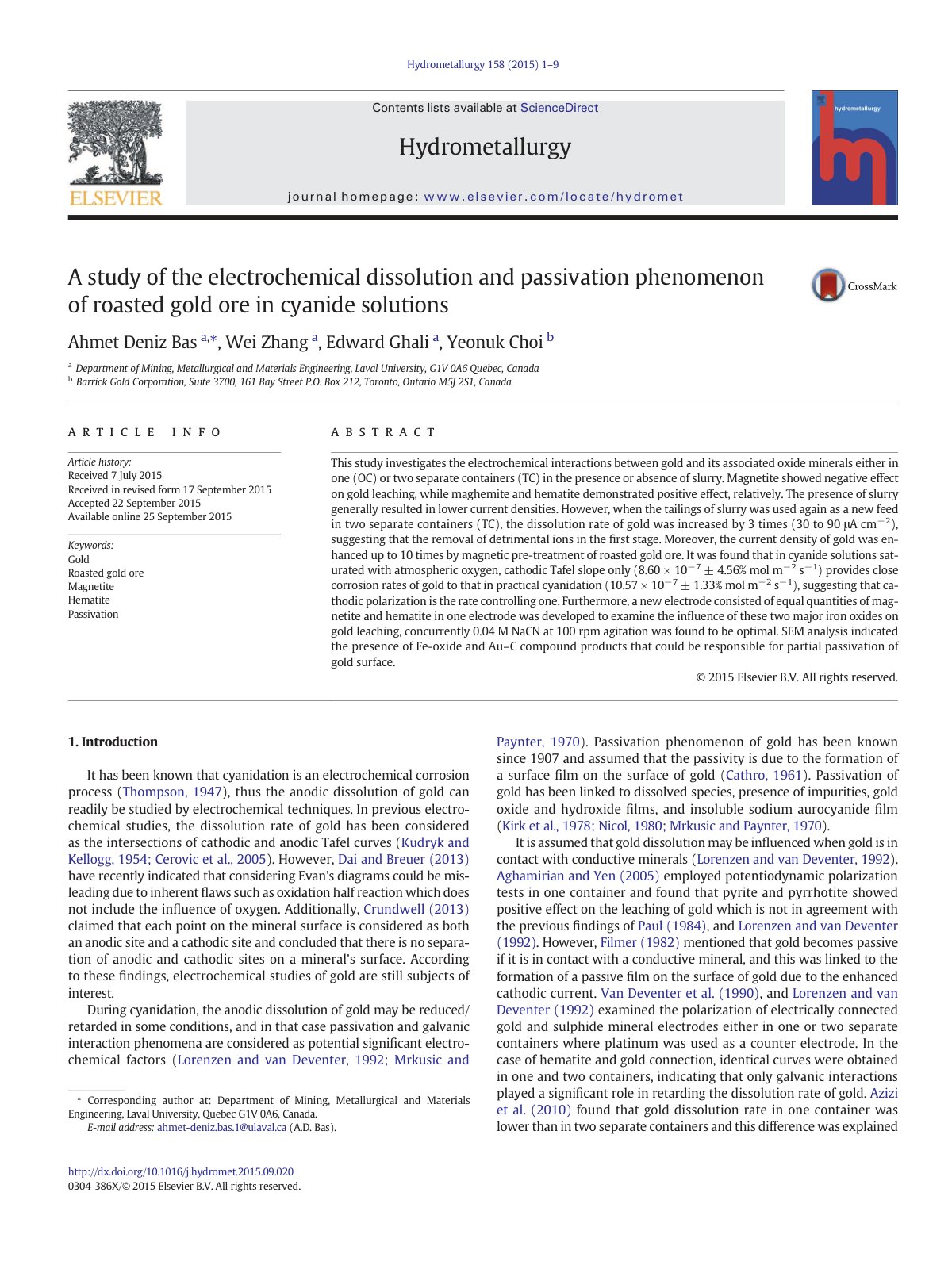First page of A study of the electrochemical dissolution and passivation phenomenon of roasted gold ore in cyanide solutions