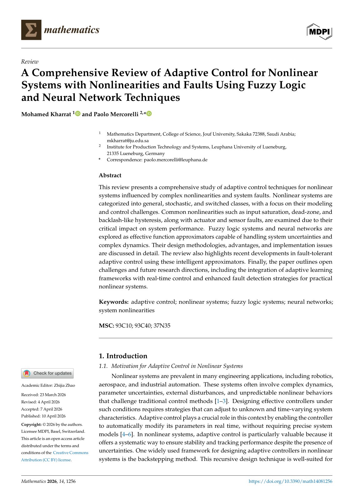 First page of A Comprehensive Review of Adaptive Control for Nonlinear Systems with Nonlinearities and Faults Using Fuzzy Logic and Neural Network Techniques