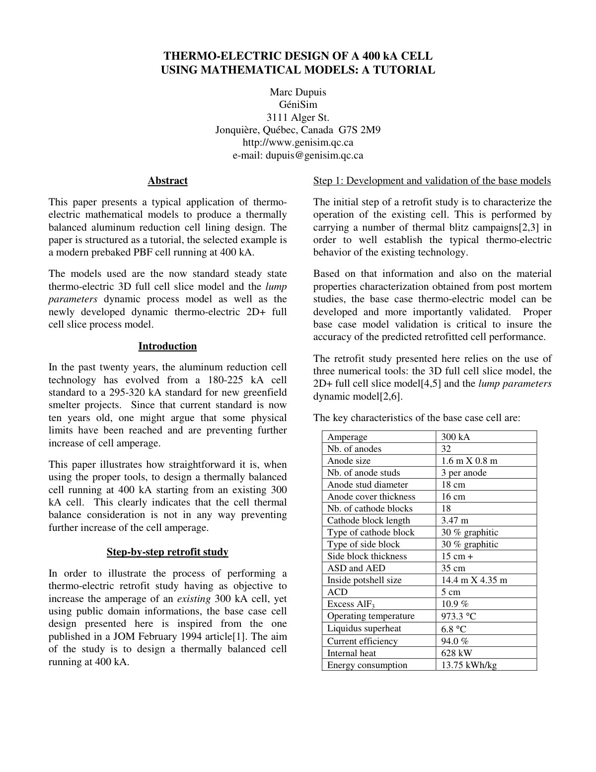 First page of THERMO-ELECTRIC DESIGN OF A 400 kA CELL USING MATHEMATICAL MODELS: A TUTORIAL