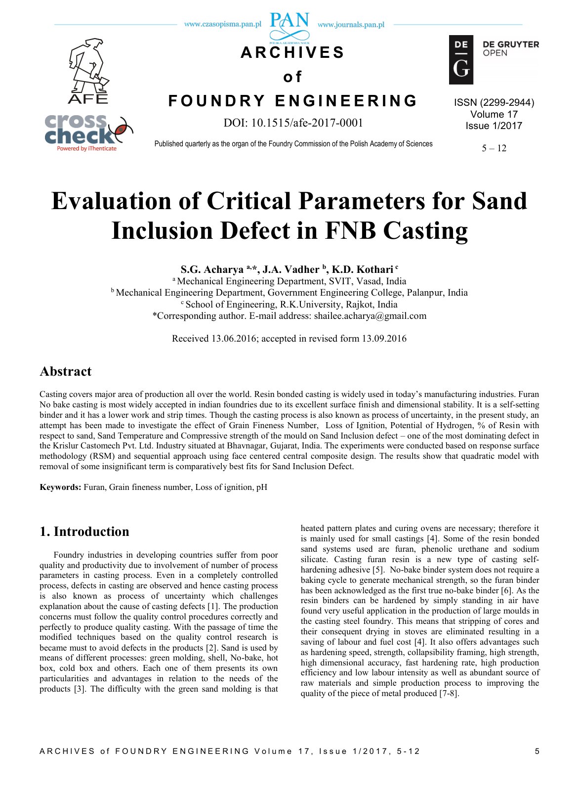 First page of 2017 Shailee G. Acharya Evaluation of Critical Parameters for Sand Inclusion Defect in FNB Casting afe 2017 0001