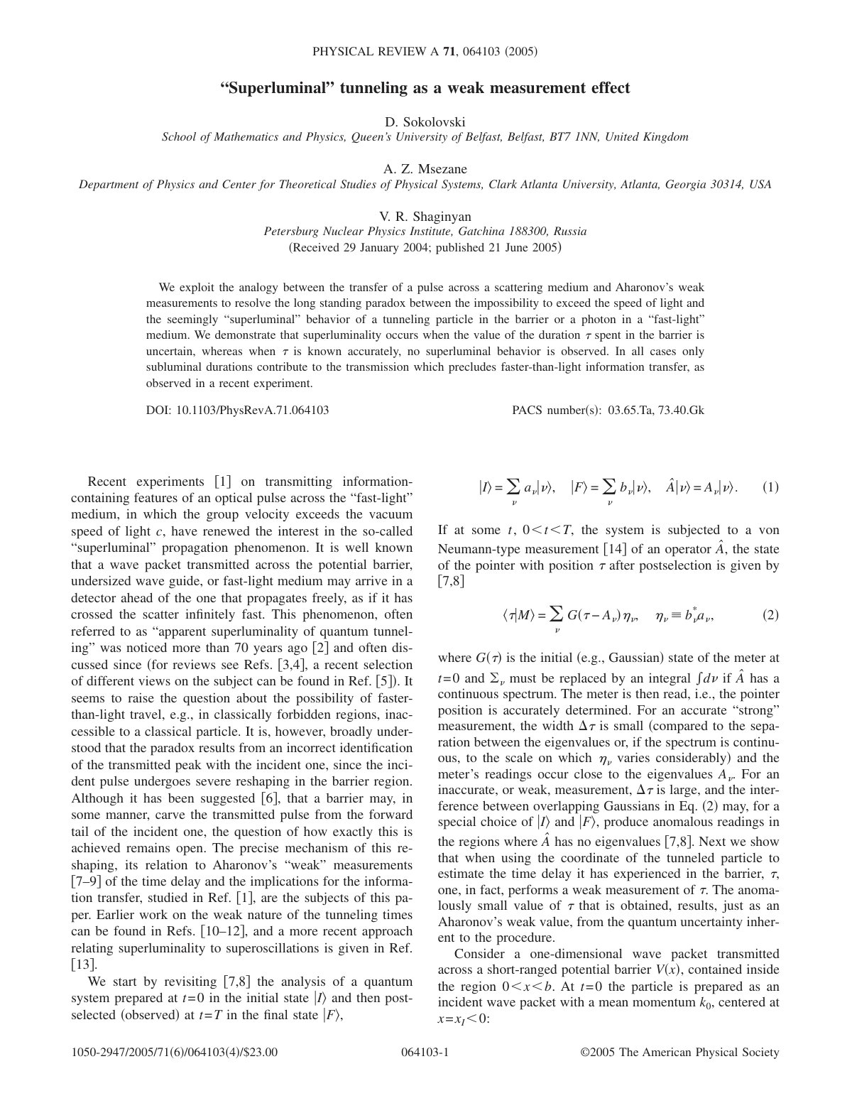 First page of Superluminal tunneling as a weak measur