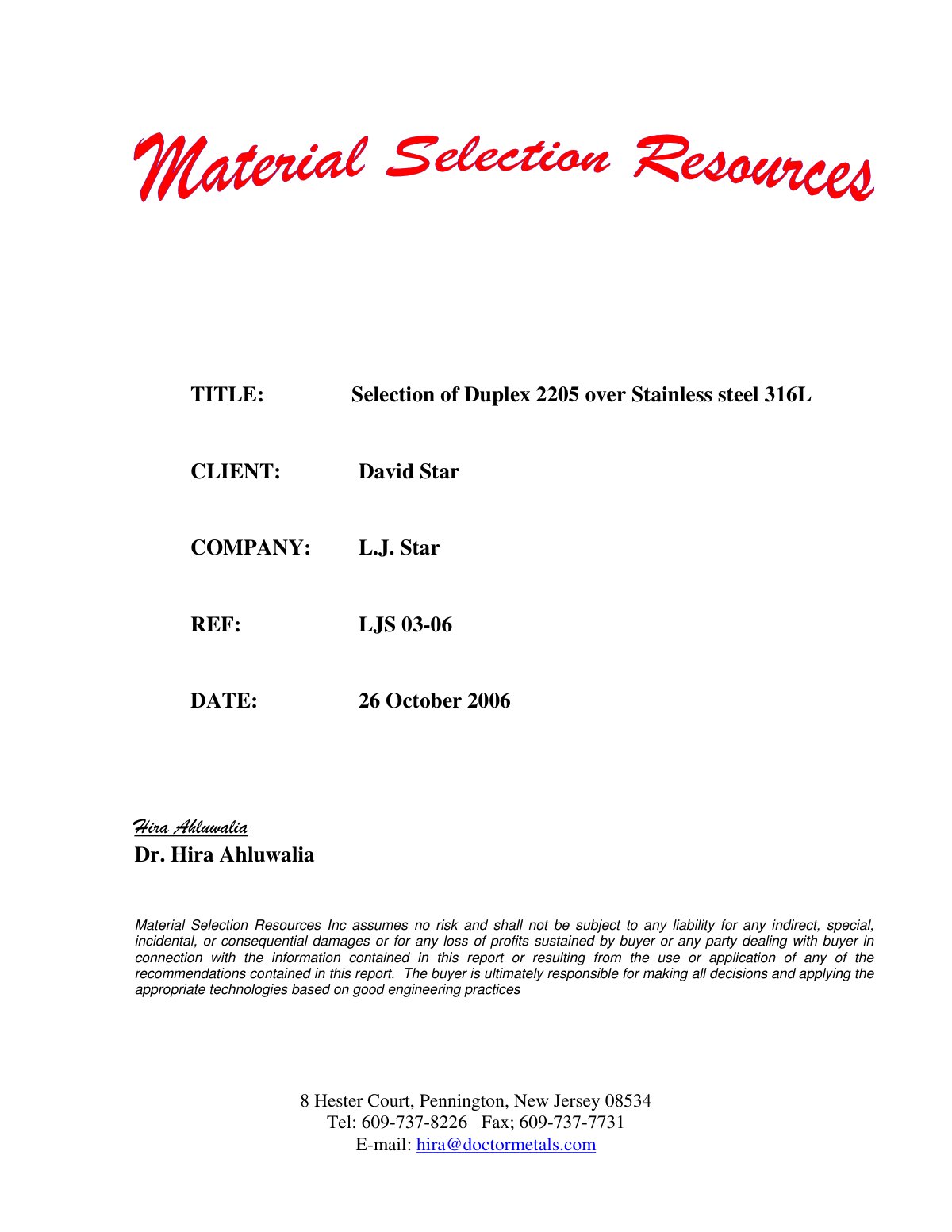 First page of duplex 2205 over 316L