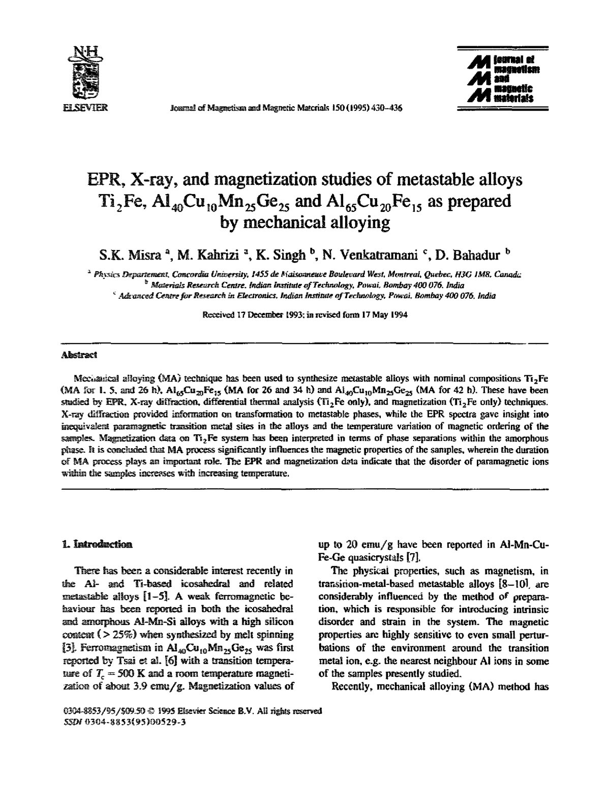 First page of EPR, X-ray, and magnetization studies of metastable alloys