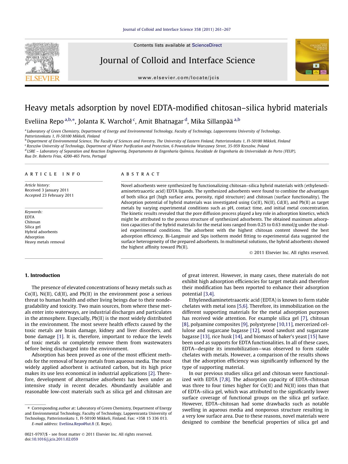First page of Heavy metals adsorption by novel EDTA mo