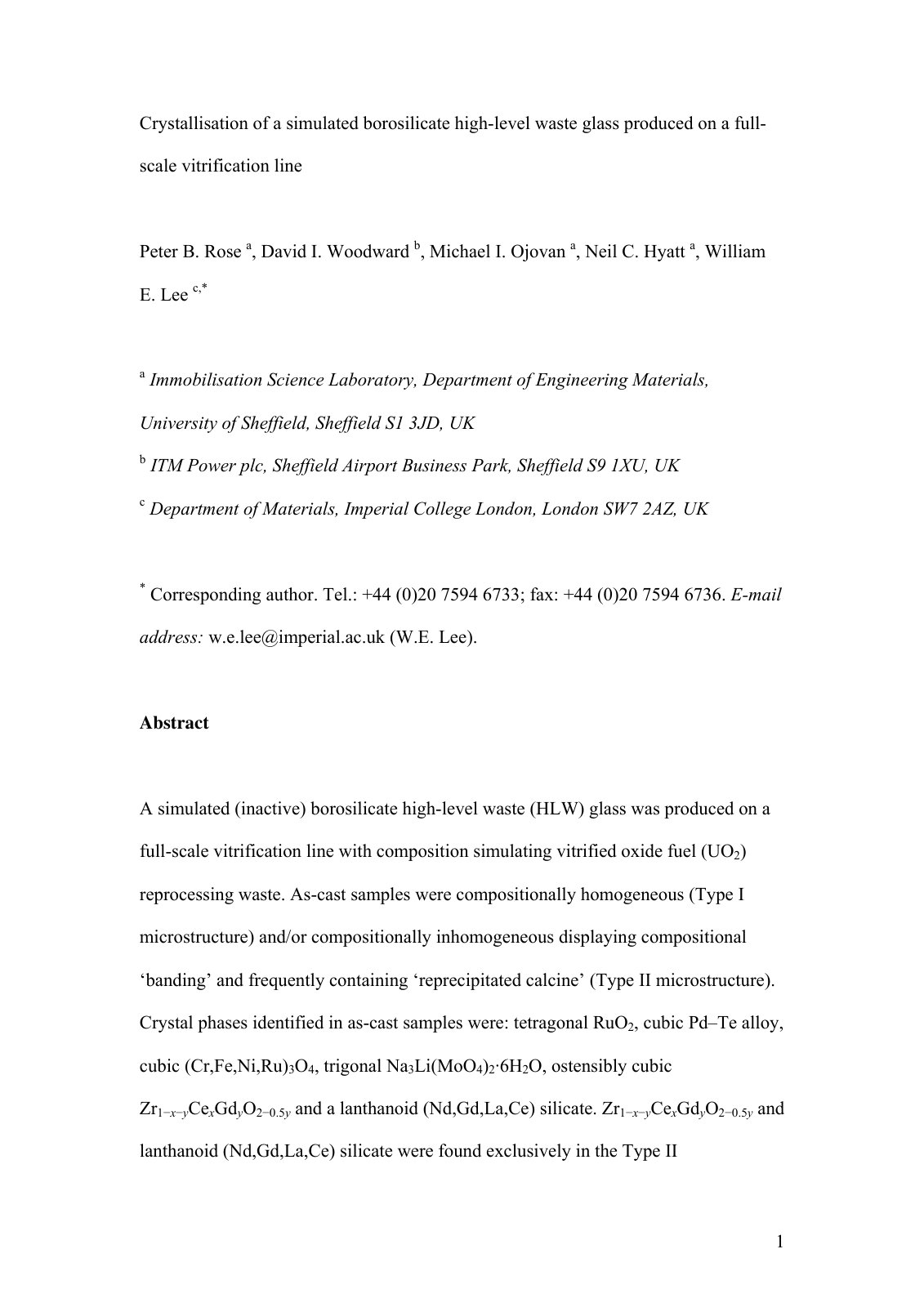 First page of Crystallisation of a simulated borosilic