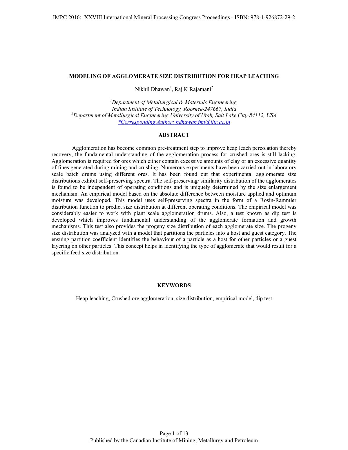 First page of MODELING OF AGGLOMERATE SIZE DISTRIBUTION FOR HEAP LEACHING