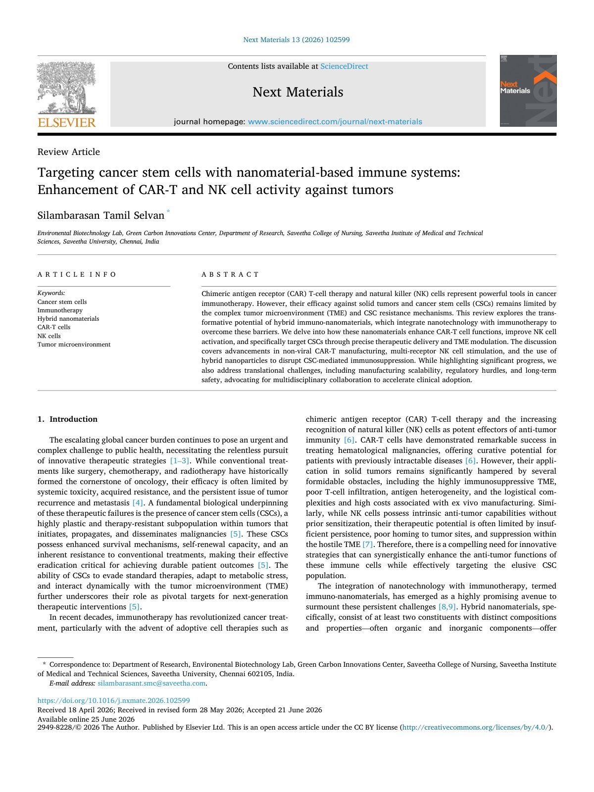 First page of Targeting cancer stem cells with nanomaterial based immune syst 2026 Next Ma