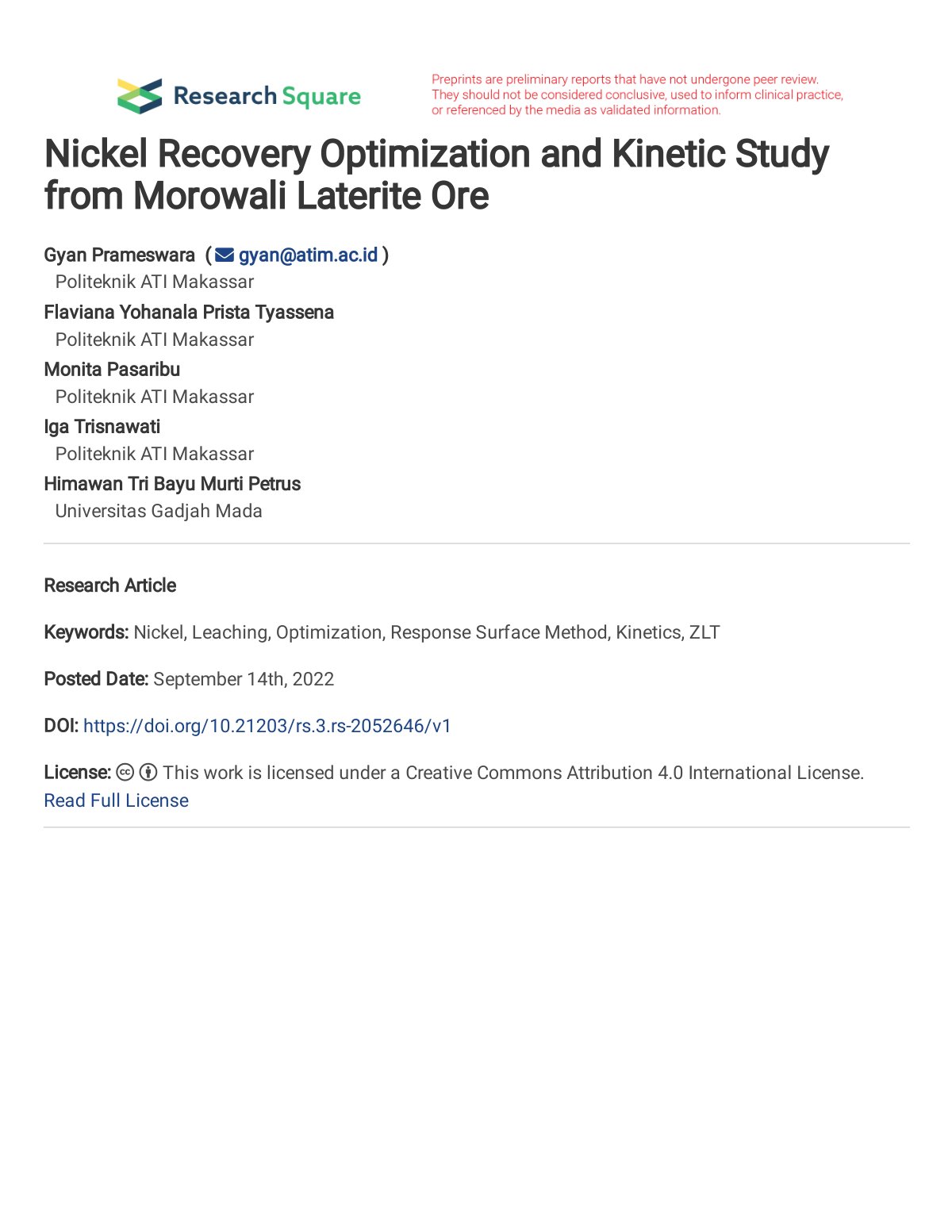 First page of Nickel Recovery Optimization and Kinetic