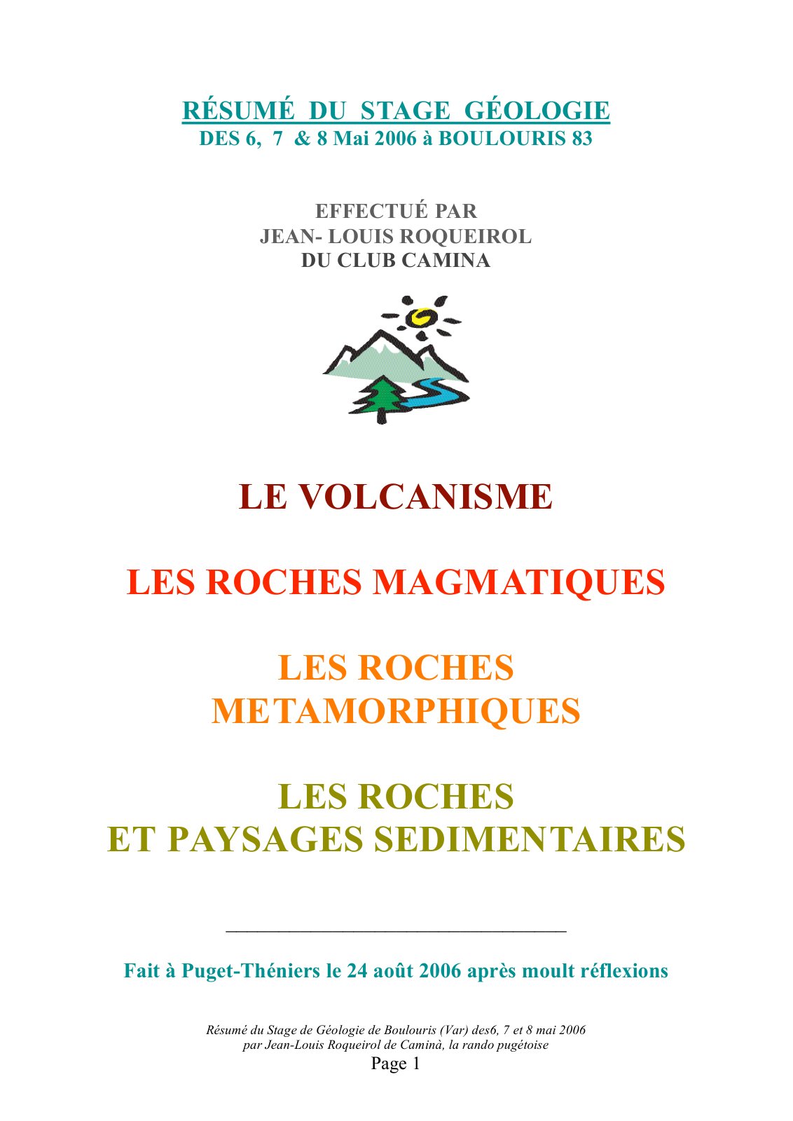 First page of Résumé du Stage de Géologie de Boulouris (Var) des 6, 7 et 8 mai 2006