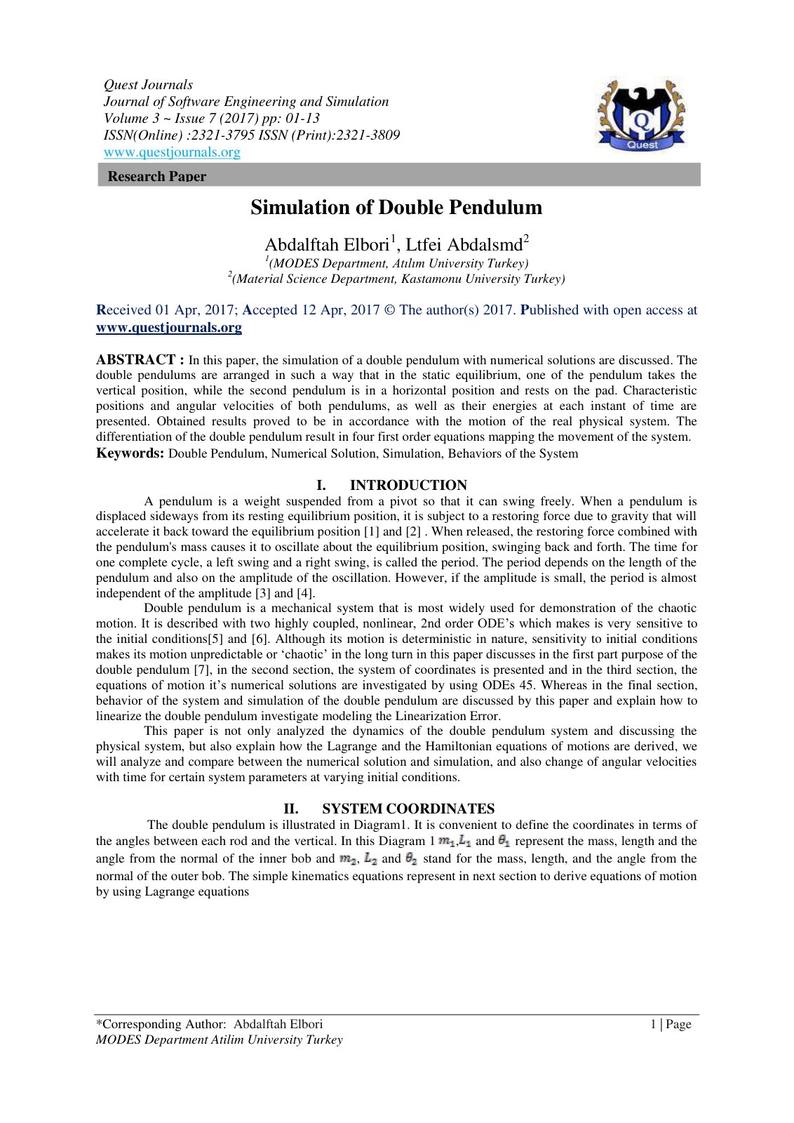 First page of Simulation of Double Pendulum