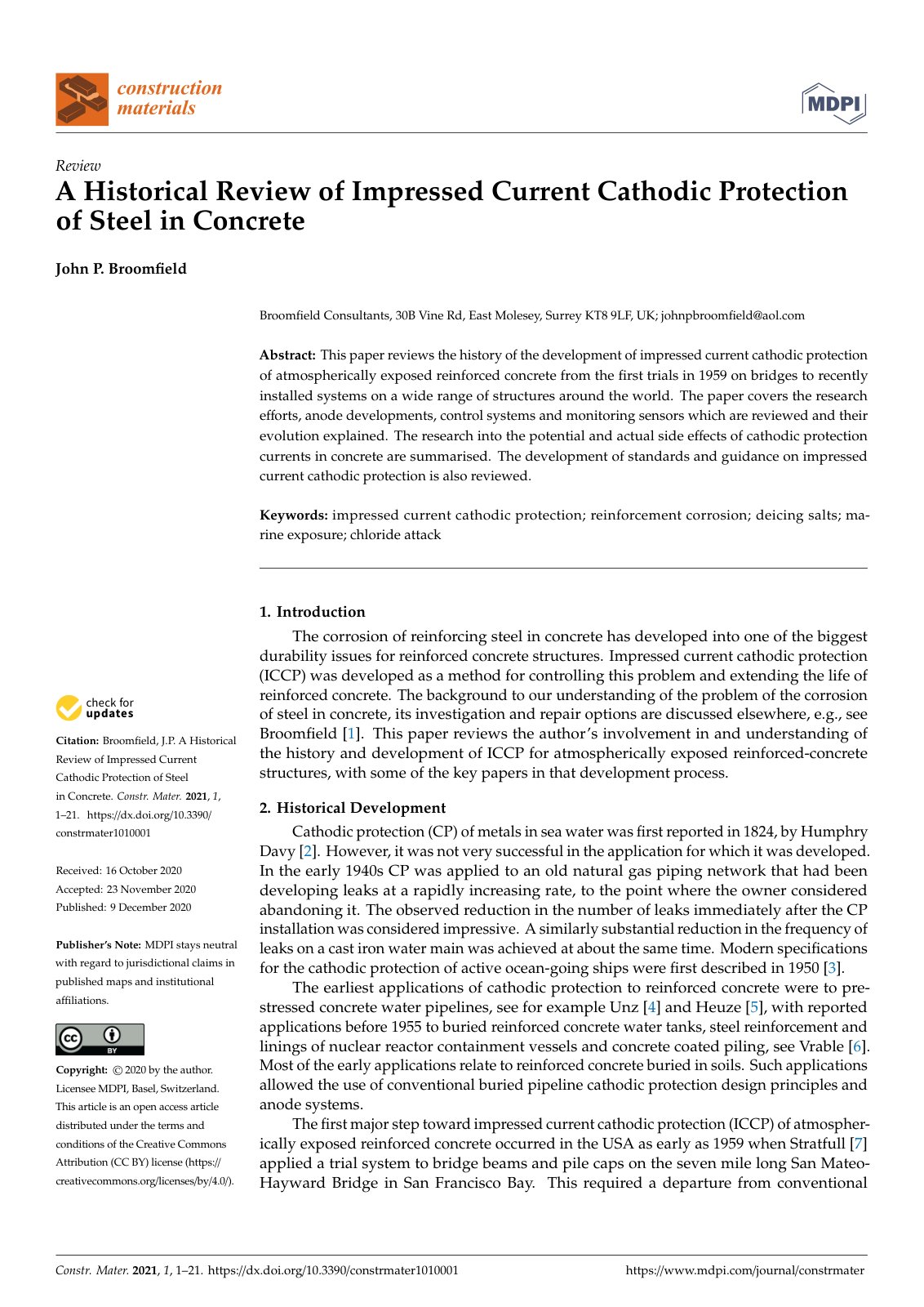 First page of A Historical Review of Impressed Current Cathodic Protection of Steel in Concrete