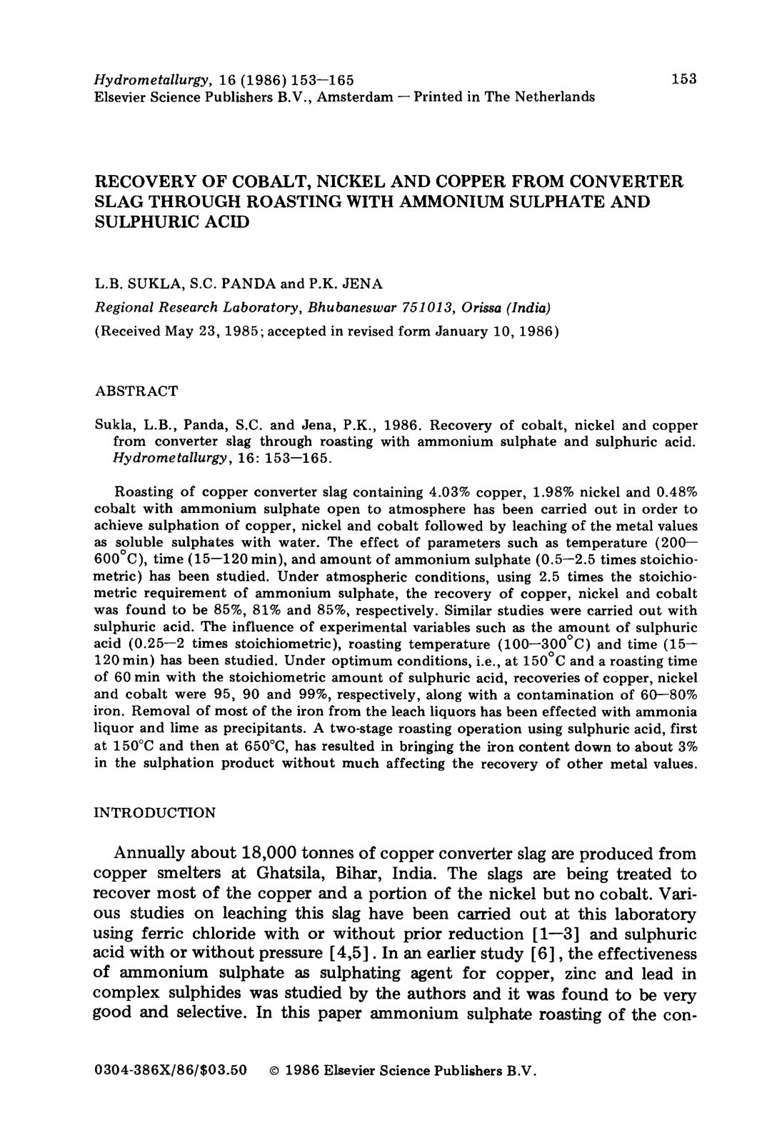 First page of Recovery of cobalt nickel and copper fro