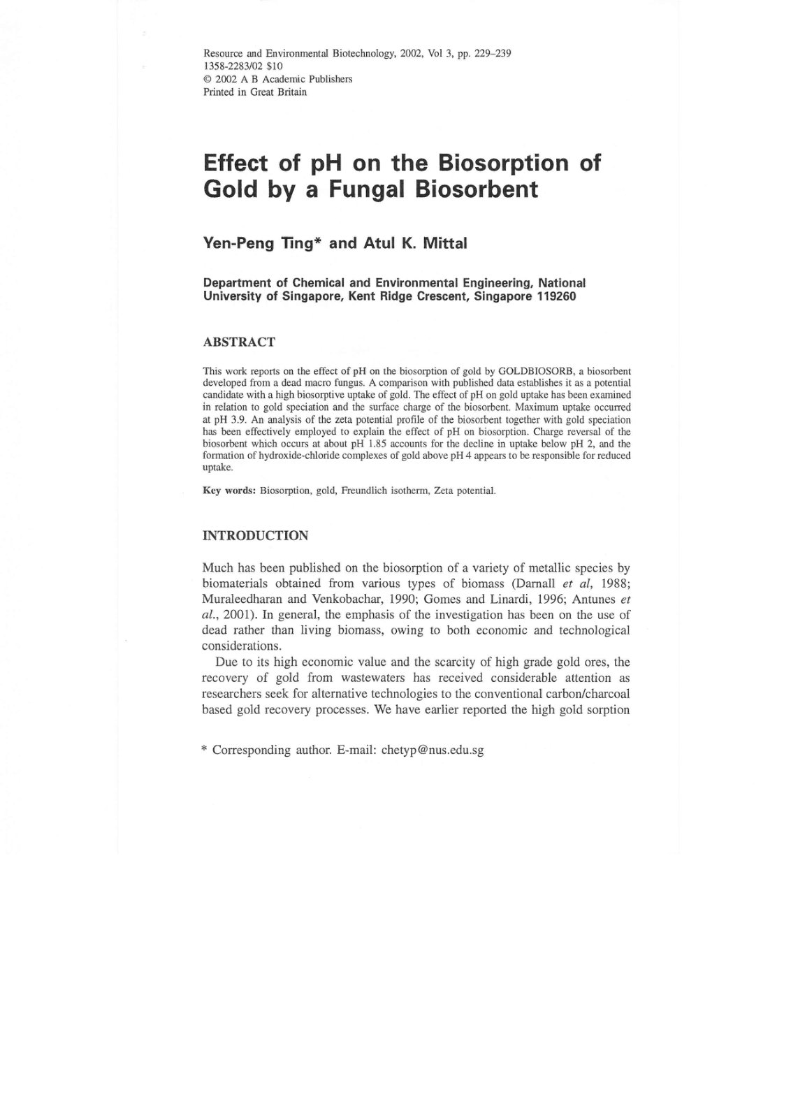 First page of Effect of pH on the Biosorption of Gold by a Fungal Biosorbent