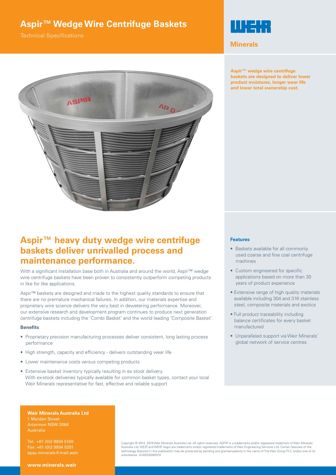 First page of AU0533 Aspir Wedge Wire Basket Spec Sheet 082018 PREVIEW