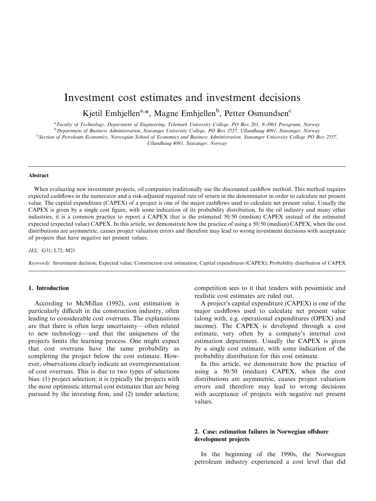 First page of Investment cost estimates and investment