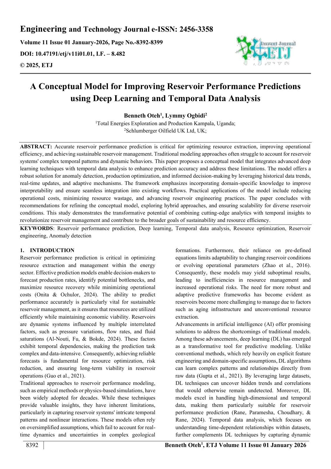 First page of A Conceptual Model for Improving Reservoir Performance Predictions  using Deep Learning and Temporal Data Analysis  