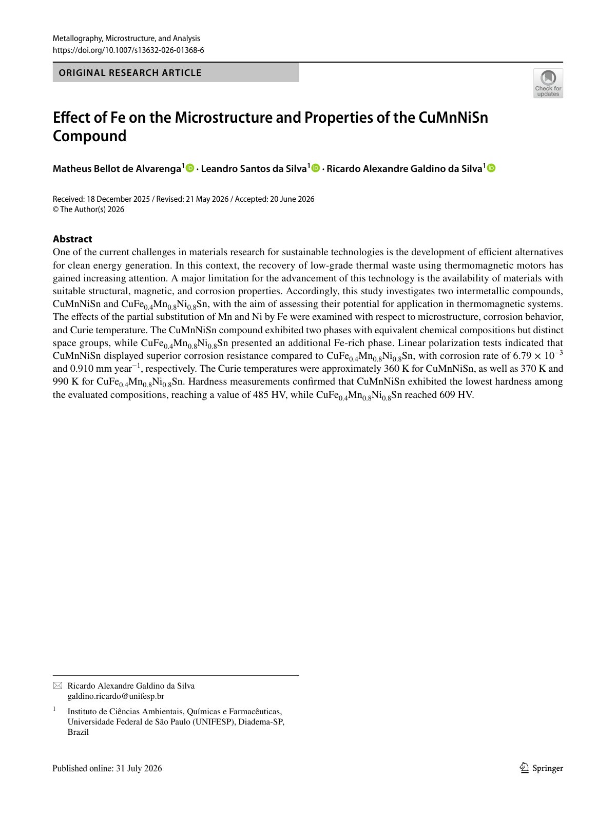 First page of Effect of Fe on the Microstructure and Properties of the CuMnNiSn Compound
