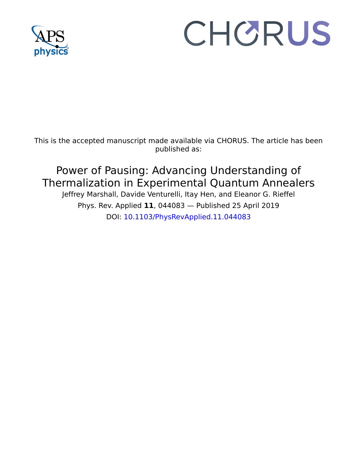 First page of Power of Pausing: Advancing Understanding of Thermalization in Experimental Quantum Annealers