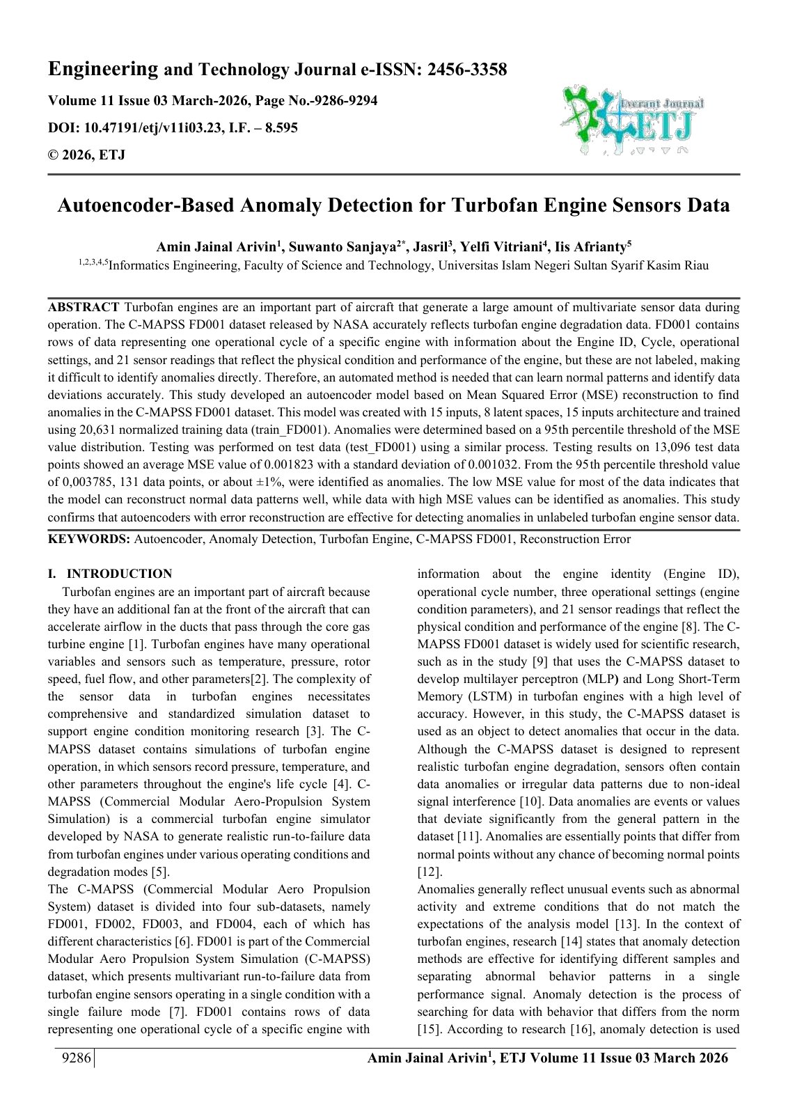 First page of Autoencoder-Based Anomaly Detection for Turbofan Engine Sensors Data
