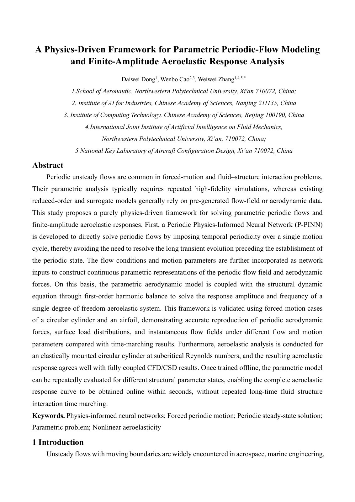 First page of A Physics-Driven Framework for Parametric Periodic-Flow Modeling and Finite-Amplitude Aeroelastic Response Analysis