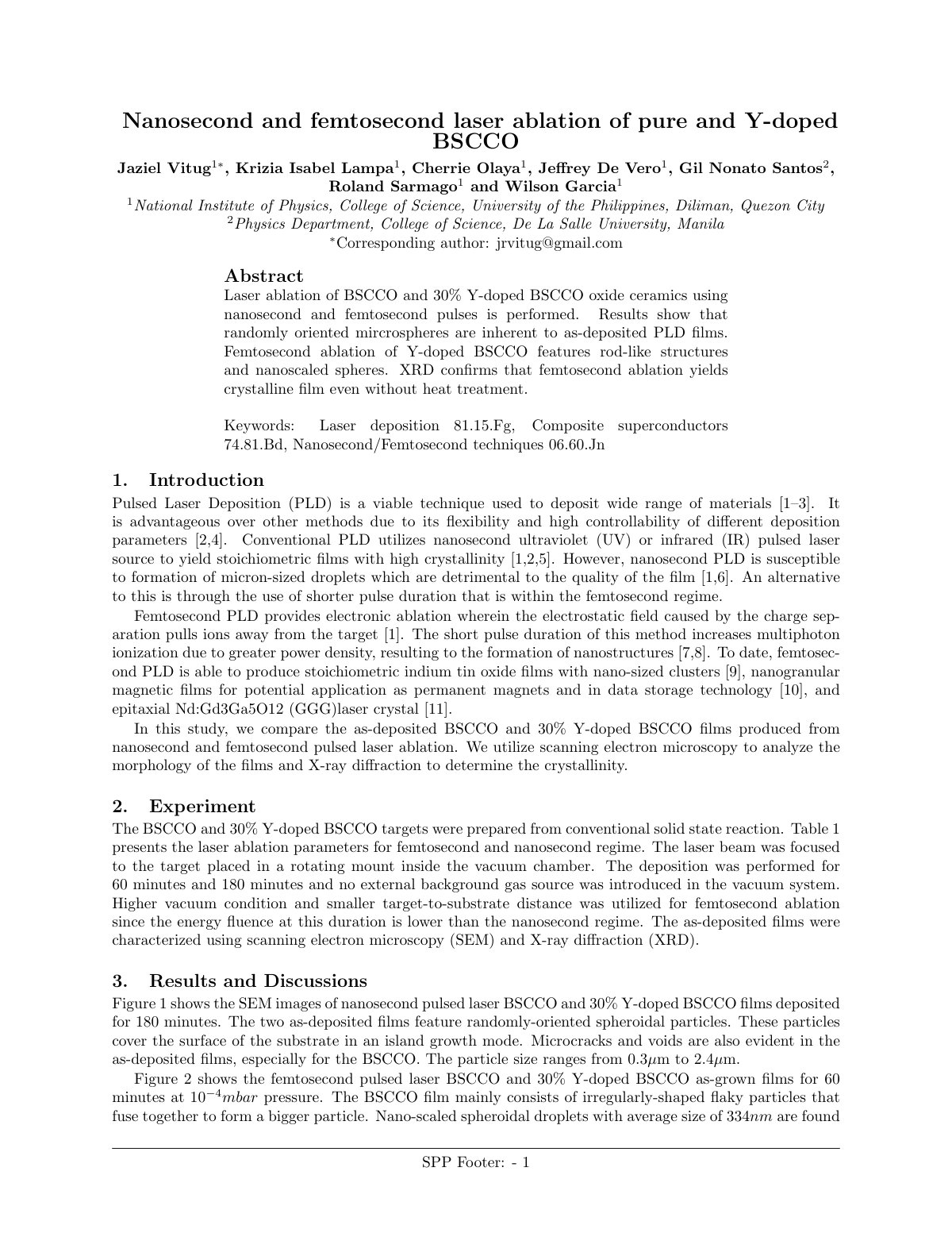 First page of Nanosecond and femtosecond laser ablation of pure and Y-doped BSCCO