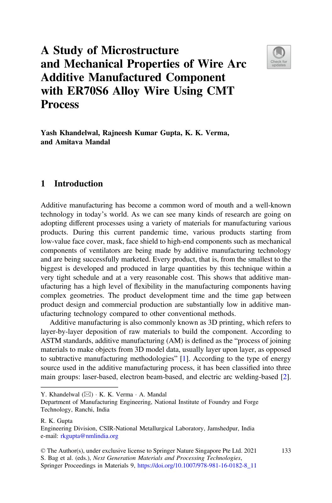 First page of A Study of Microstructure and Mechanical Properties of Wire Arc Additive Manufactured Component with ER70S6 Alloy Wire Using CMT Process