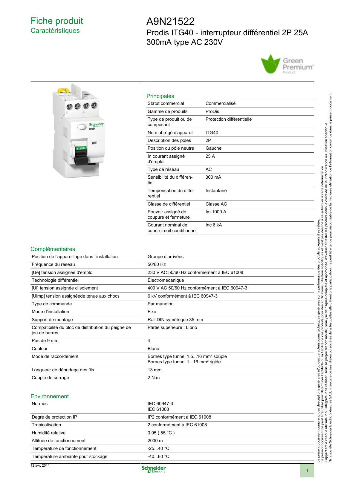 First page of Prodis ITG40 - interrupteur différentiel 2P 25A 300mA type AC 230V