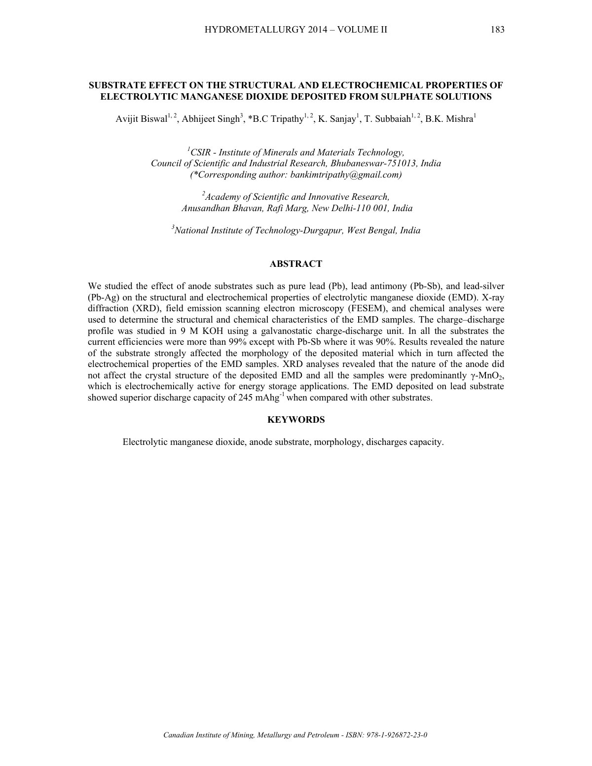 First page of SUBSTRATE EFFECT ON THE STRUCTURAL AND ELECTROCHEMICAL PROPERTIES OF ELECTROLYTIC MANGANESE DIOXIDE DEPOSITED FROM SULPHATE SOLUTIONS