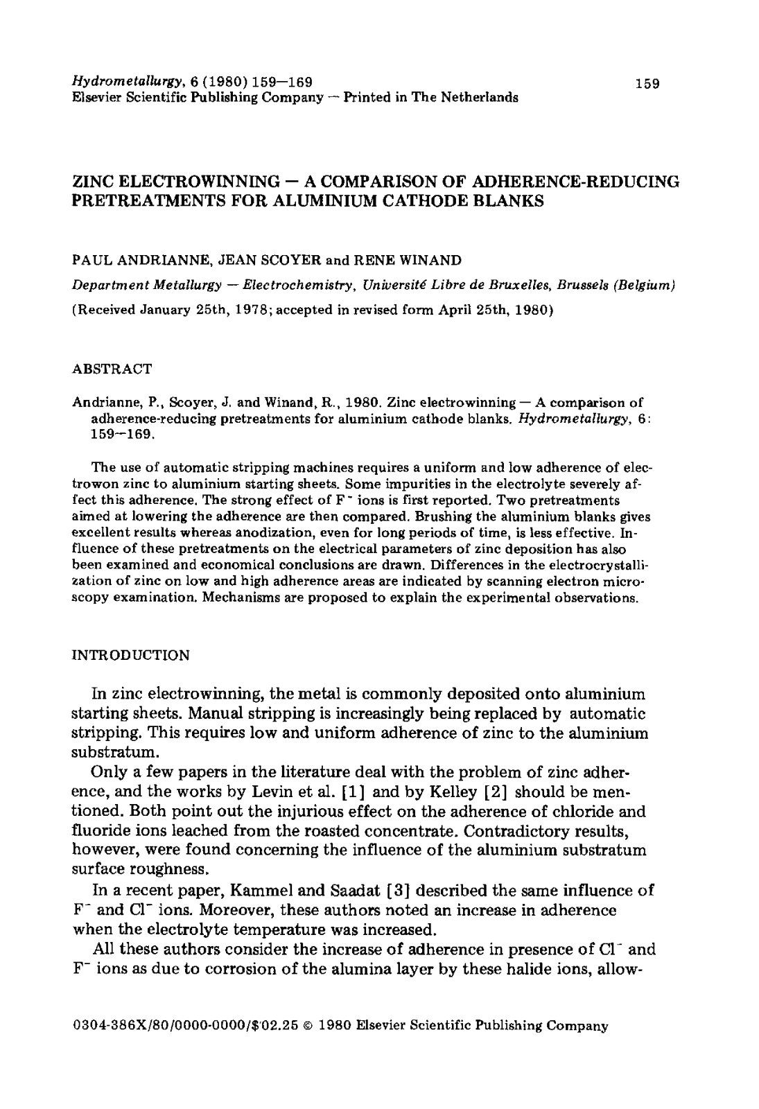 First page of Zinc electrowinning a comparison of adhe