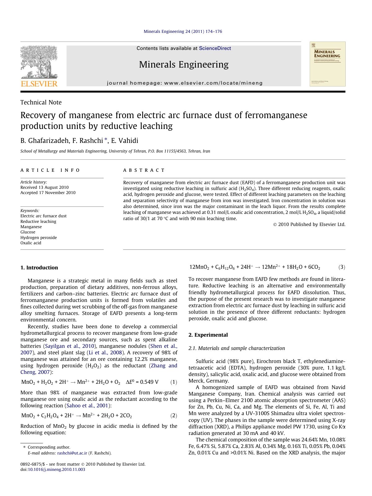 First page of Recovery of manganese from electric arc