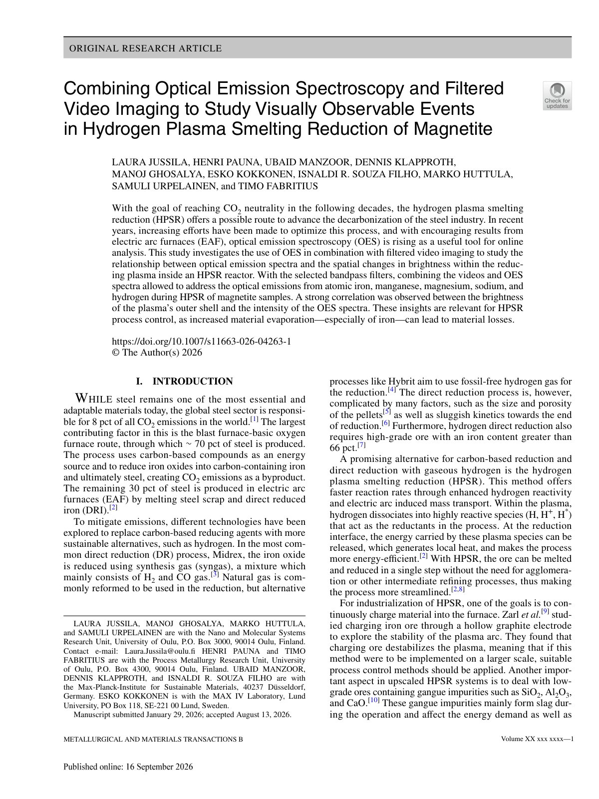 First page of 2026 Jussila Hydrogen Plasma Smelting OES Video