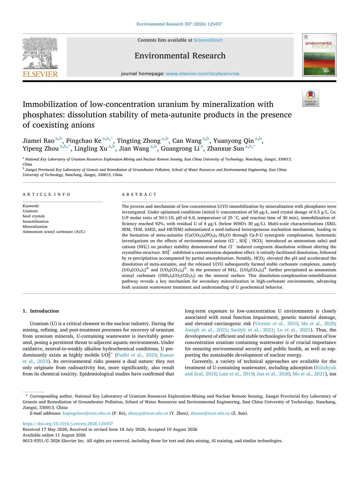 First page of Immobilization of low-concentration uranium by mineralization with phosphates: dissolution stability of meta-autunite products in the presence of coexisting anions
