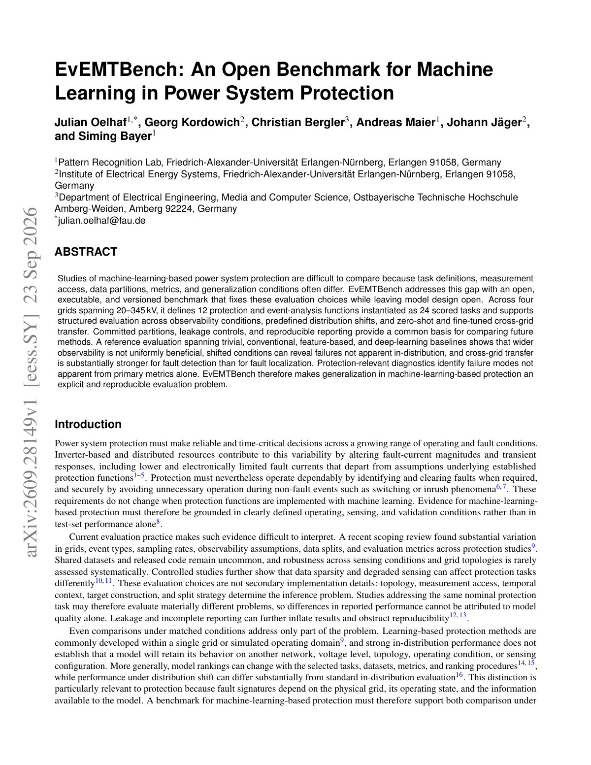 First page of EvEMTBench: An Open Benchmark for Machine Learning in Power System Protection