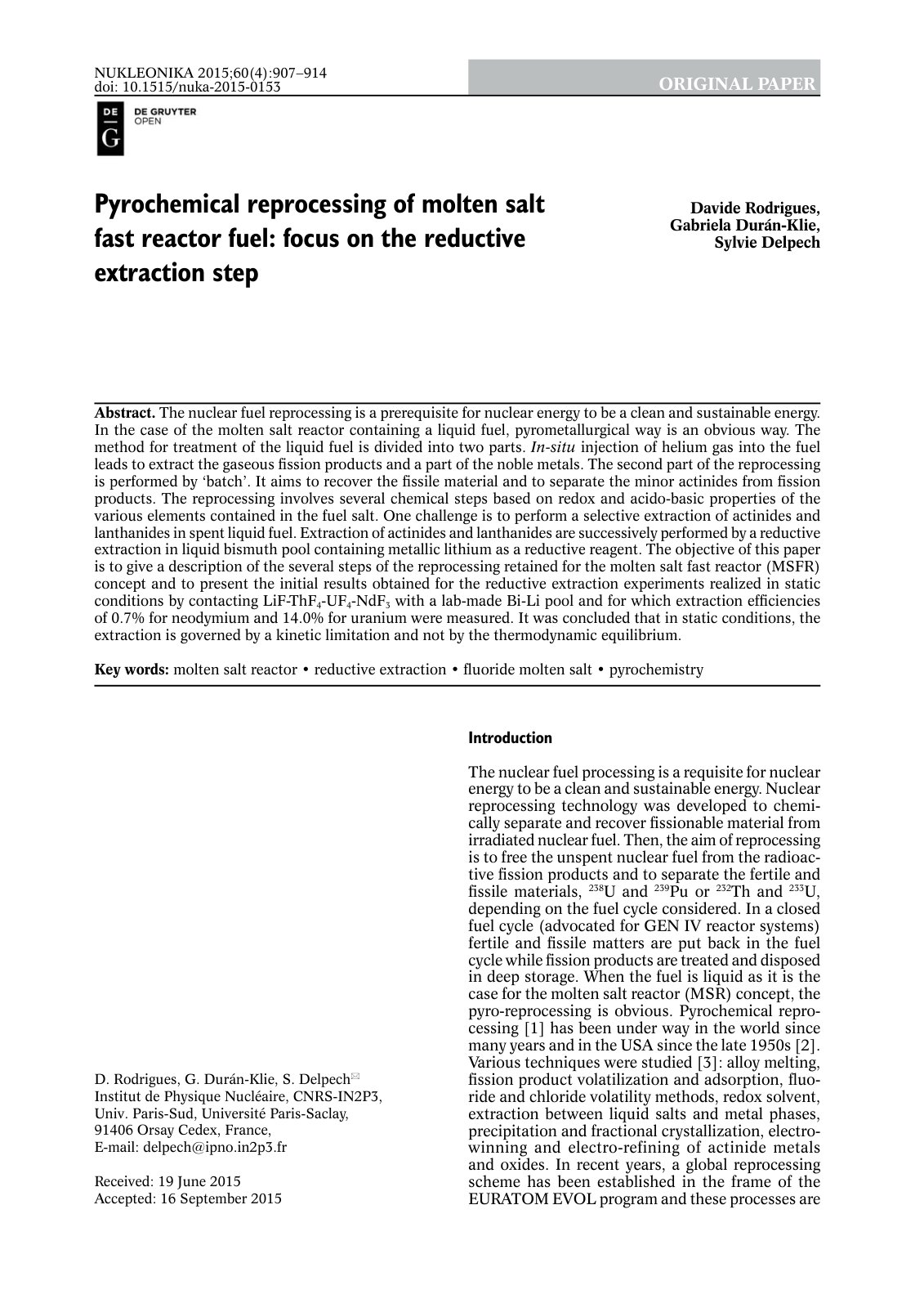 First page of Pyrochemical reprocessing of molten salt fast reactor fuel: focus on the reductive extraction step