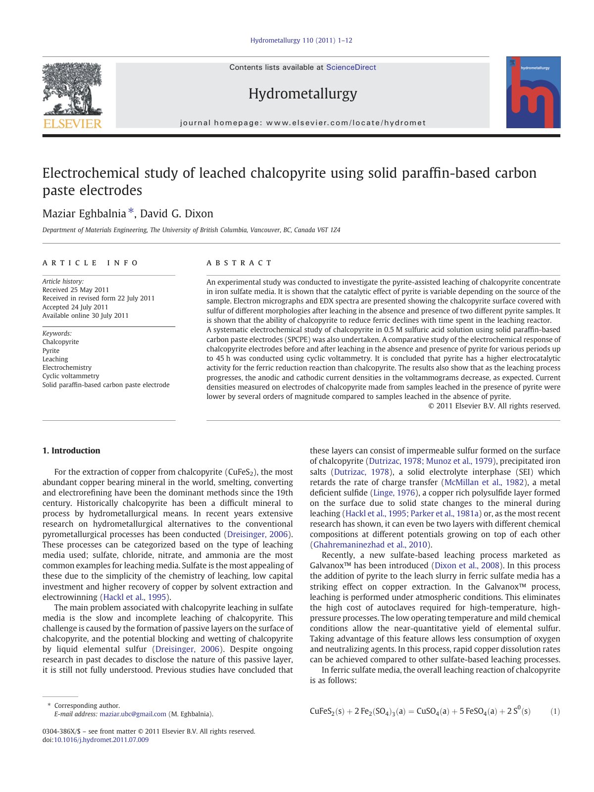 First page of Electrochemical study of leached chalcop