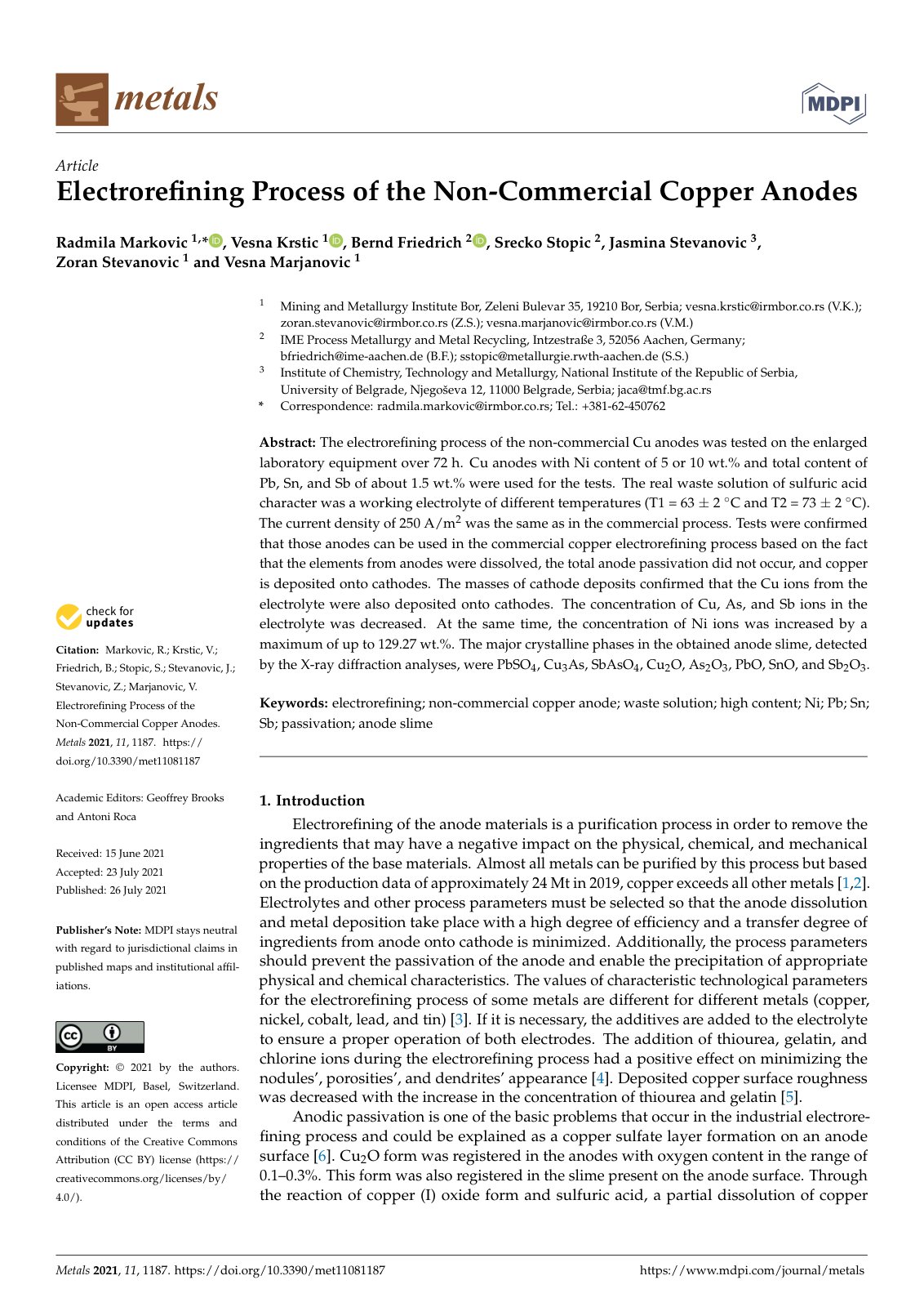First page of 2021 Radmila Markovic Electrorefining Process of the Non Commercial Copper Anodes met11081187