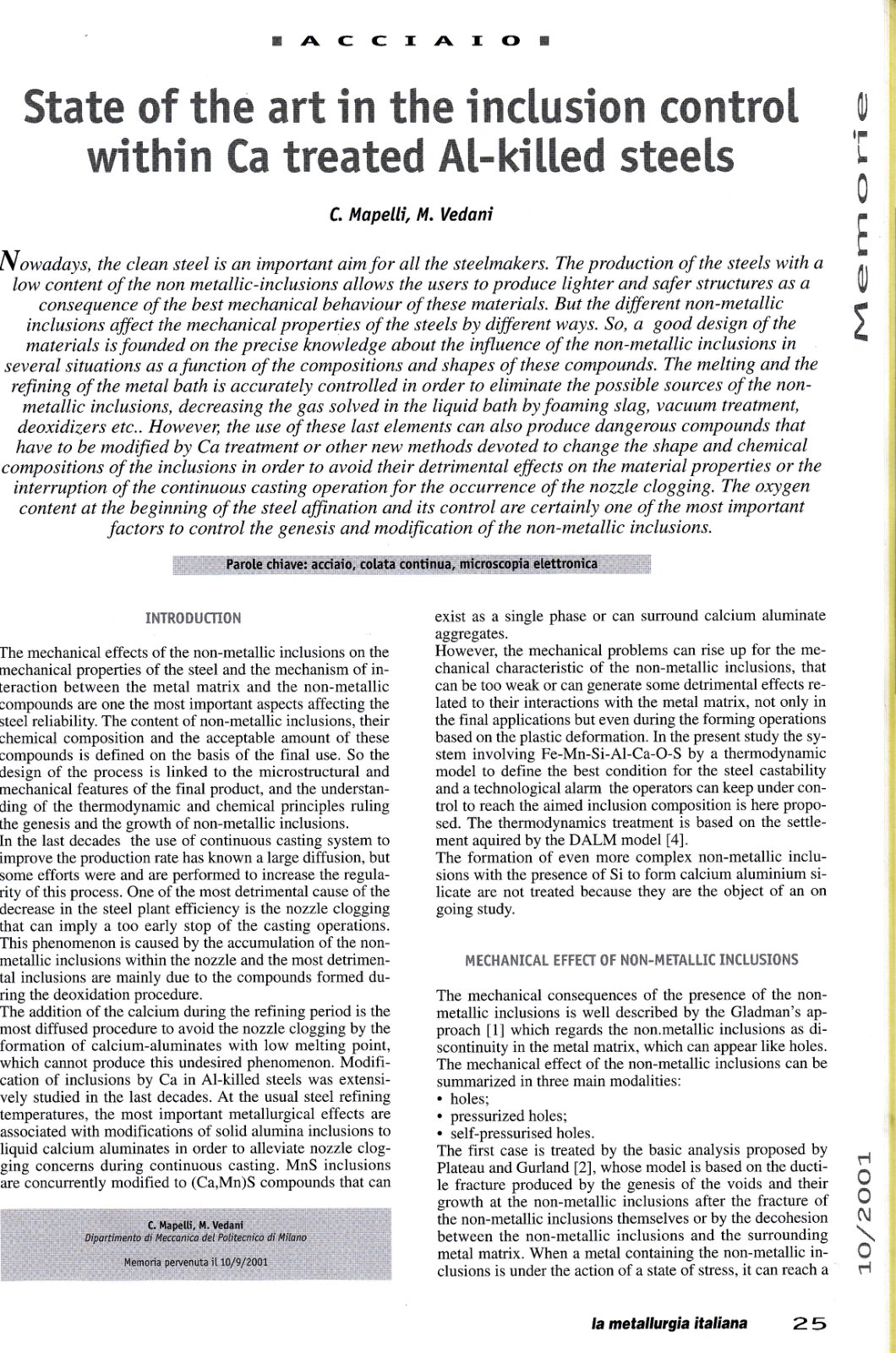 First page of The mechanical effects of the non-metallic inclusions on the mechanical properties of steel