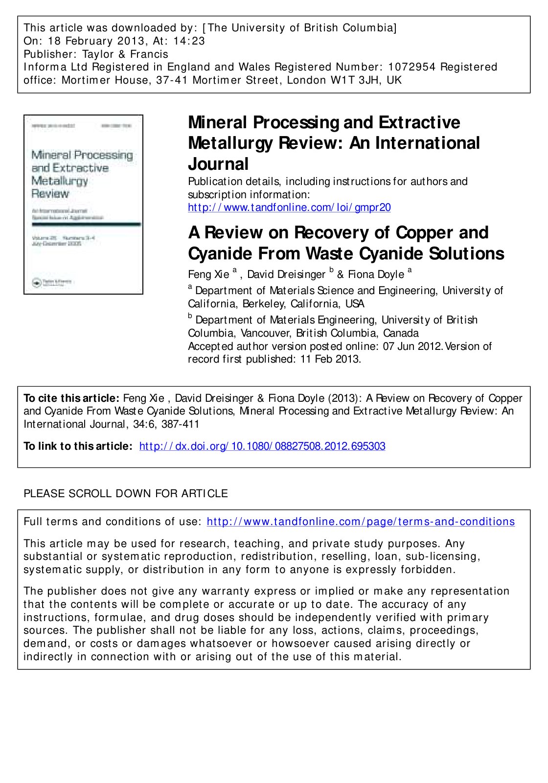 First page of Mineral Processing and Extractive Metall